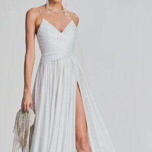 Retrofete Doss Silver Lamé Pleated Maxi Dress XS High Slit Gown Evening MSRP 598